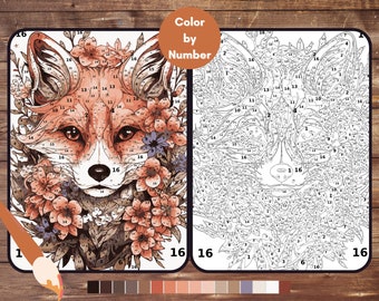 Color By Number for Adult, Fox Paint by Number, Printable Coloring Pages Sheets, Digital Download, PDF, PNG