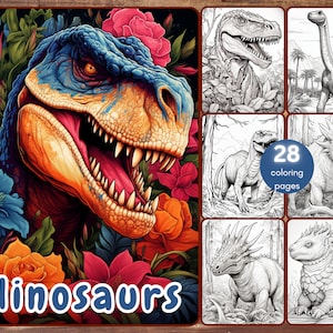 28 Dinosaurs Coloring Book, Fantasy Grayscale Dinasours Coloring Pages for Adults, Birds, T-Rex, Printable PDF, Instant Download