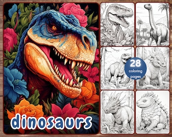 28 Dinosaurs Coloring Book, Fantasy Grayscale Dinasours Coloring Pages for Adults, Birds, T-Rex, Printable PDF, Instant Download