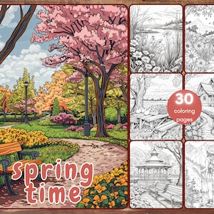 以下が含まれることがあります： 春らしい風景が描かれた30ページの塗り絵。表紙にはベンチと道、そして桜の花が咲く公園が描かれている。表紙には「spring time」の文字が書かれている。