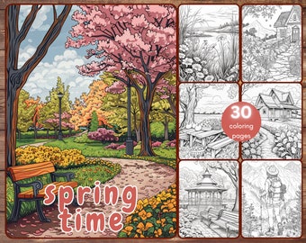 30 Spring Time Coloring Book, Grayscale Spring Gardens Coloring Pages for Adults Flowers, Printable PDF, Instant Download