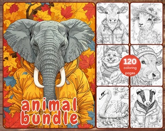 120 Animals Bundle Coloring Book, Grayscale Animals and Seasons Coloring Pages for Adults, Winter Autumn, Printable PDF, Instant Download