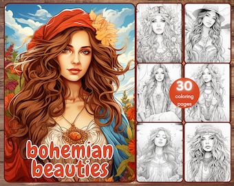 30 Bohemian Beauties Coloring Book, Grayscale Fantasy Beautiful Women Coloring Pages for Adults, Flowers, Floral, Boho, Printable PDF
