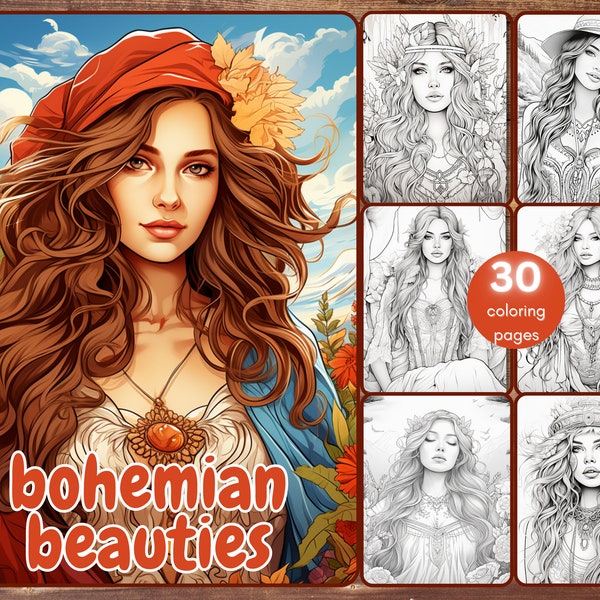30 Bohemian Beauties Coloring Book, Grayscale Fantasy Beautiful Women Coloring Pages for Adults, Flowers, Floral, Boho, Printable PDF