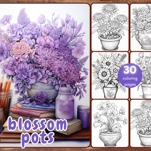 May include: A collection of 30 coloring pages featuring various flowers in pots. The pages are black and white line drawings, ready to be colored. The title of the collection is "blossom pots".