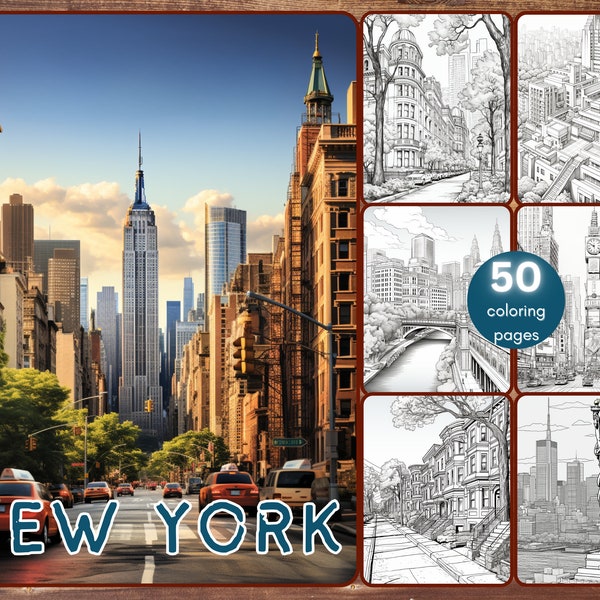 50 New York Coloring Book, Grayscale Big Apple Coloring Pages for Adults, Brooklyn Statue of Liberty, Travel Destinations, Printable PDF