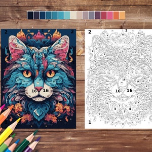 Cat Mandala Paint by Number, Color by Number for Adult, Printable ...