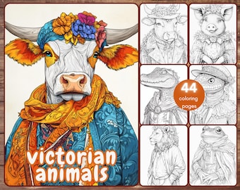 44 Victorian Animals Coloring Book, Grayscale Classy Animals Coloring Pages for Adults, Historical, Printable PDF, Instant Download