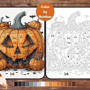 Könnte beinhalten: Eine Halloween-Malen-nach-Zahlen-Aktivität mit einem geschnitzten Kürbis, umgeben von kleineren Kürbissen und Fledermäusen. Das Bild enthält den Text "Color by Number" und die Nummer "16". Die Farbpalette umfasst Orange, Grau und Schwarz.
