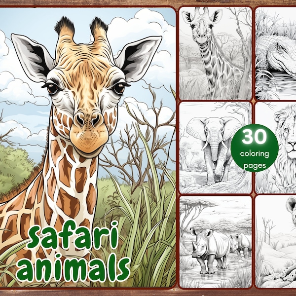 30 Safari Animals Coloring Book, Grayscale Printable PDF African Animals Coloring Pages for Adults Kids, Cute Animals, Jungle