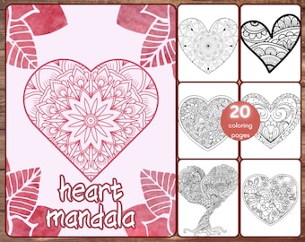 Op de afbeelding: Een set van 20 kleurplaten met hartvormige mandala's. Elke pagina heeft een ander ingewikkeld ontwerp met spiralen, bloemen en geometrische patronen. De pagina's zijn perfect voor volwassenen en kinderen die graag kleuren.