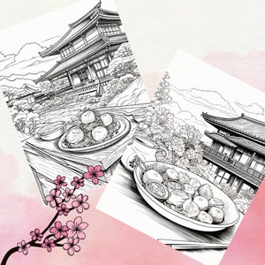 May include: Black and white line art illustration of two Japanese temples with traditional architecture. The image also features two plates of food, one with dumplings and the other with a variety of small round items.