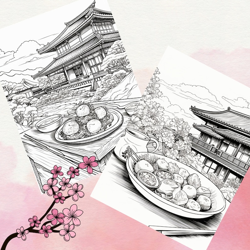 May include: Black and white line art illustration of two Japanese temples with traditional architecture. The image also features two plates of food, one with dumplings and the other with a variety of small round items.