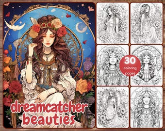 30 Dreamcatcher Beauties Kolorowanka, Grayscale Fantasy Piękne Boho Kobiety Kolorowanki dla Dorosłych, Kwiaty, Wydrukuj PDF