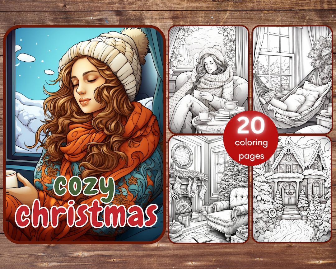 20 Cozy Christmas Coloring Book, Grayscale Printable Christmas Coloring