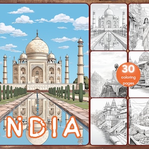 30 India Coloring Book, Grayscale Travel Destinations Coloring Book for Adults, Temple, Indian Women, Sari, Printable PDF, Instant Download