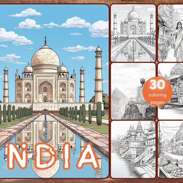 30 India Coloring Book, Grayscale Travel Destinations Coloring Book for Adults, Temple, Indian Women, Sari, Printable PDF, Instant Download