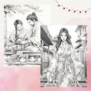 May include: Black and white illustration of two people in traditional Japanese clothing. One person is pouring tea while the other is holding a cup. The other image shows a woman in a kimono walking down a street in a Japanese city.