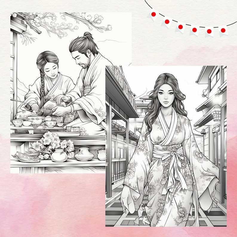 May include: Black and white illustration of two people in traditional Japanese clothing. One person is pouring tea while the other is holding a cup. The other image shows a woman in a kimono walking down a street in a Japanese city.