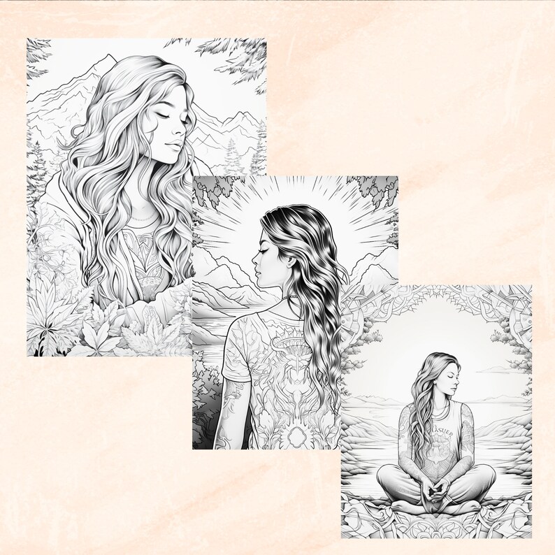May include: Three black and white illustrations of women with long hair. The women are in different poses, one is looking down, one is looking to the side, and one is sitting with their legs crossed. Each illustration has a nature-inspired background.