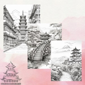 May include: A black and white drawing of a Japanese garden with a pagoda, bridge, and trees. The drawing is done in a realistic style and includes details like the texture of the rocks and the leaves of the trees.