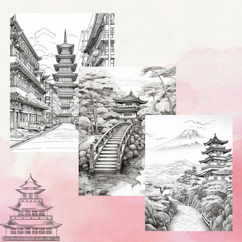 May include: A black and white drawing of a Japanese garden with a pagoda, bridge, and trees. The drawing is done in a realistic style and includes details like the texture of the rocks and the leaves of the trees.