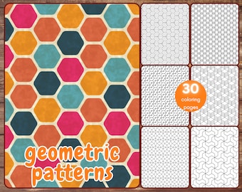 30 Geometric Patterns Coloring Book, Printable Abstract Patterns for Stress Relief for Adults and Teens, Printable PDF, Instant Download