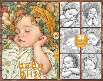 35 Cute Babies Coloring Book, Grayscale Newborn Babies and Flowers Coloring Pages for Adults, Baby Bliss, Printable PDF, Instant Download