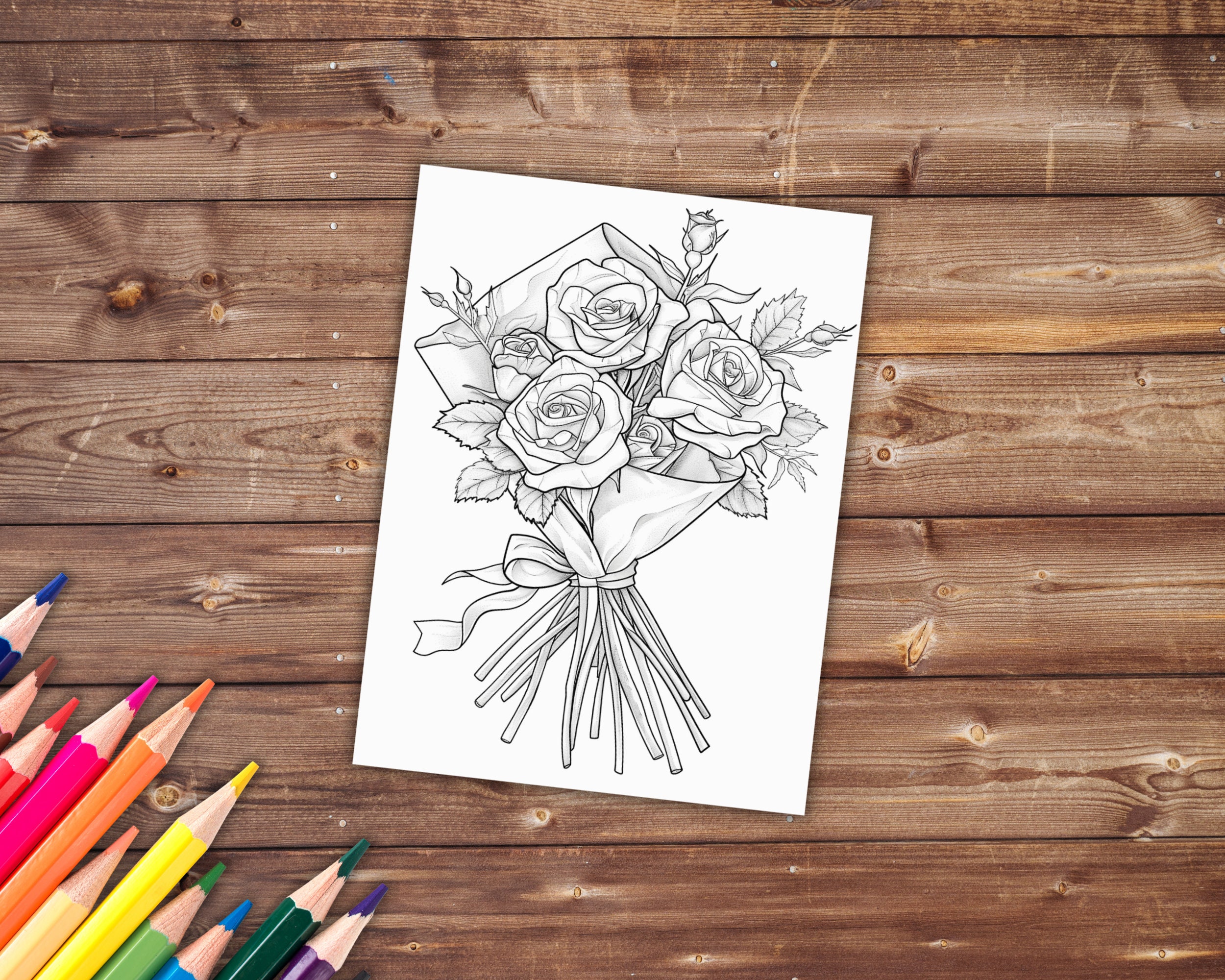 42 Roses 42 Roses Coloring Book, Grayscale Rose Bouquet Coloring Pages for ...