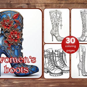 30 dameslaarzen kleurboek, grijstinten fantasie damesschoenen met bloemen kleuren voor volwassenen, damesmode, hoge hakken, afdrukbare pdf