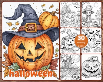 30 Halloween Coloring Book, Grayscale Simple Halloween Coloring Pages for Adults and Kids, Pumpkins, Ghosts, Printable PDF, Instant Download