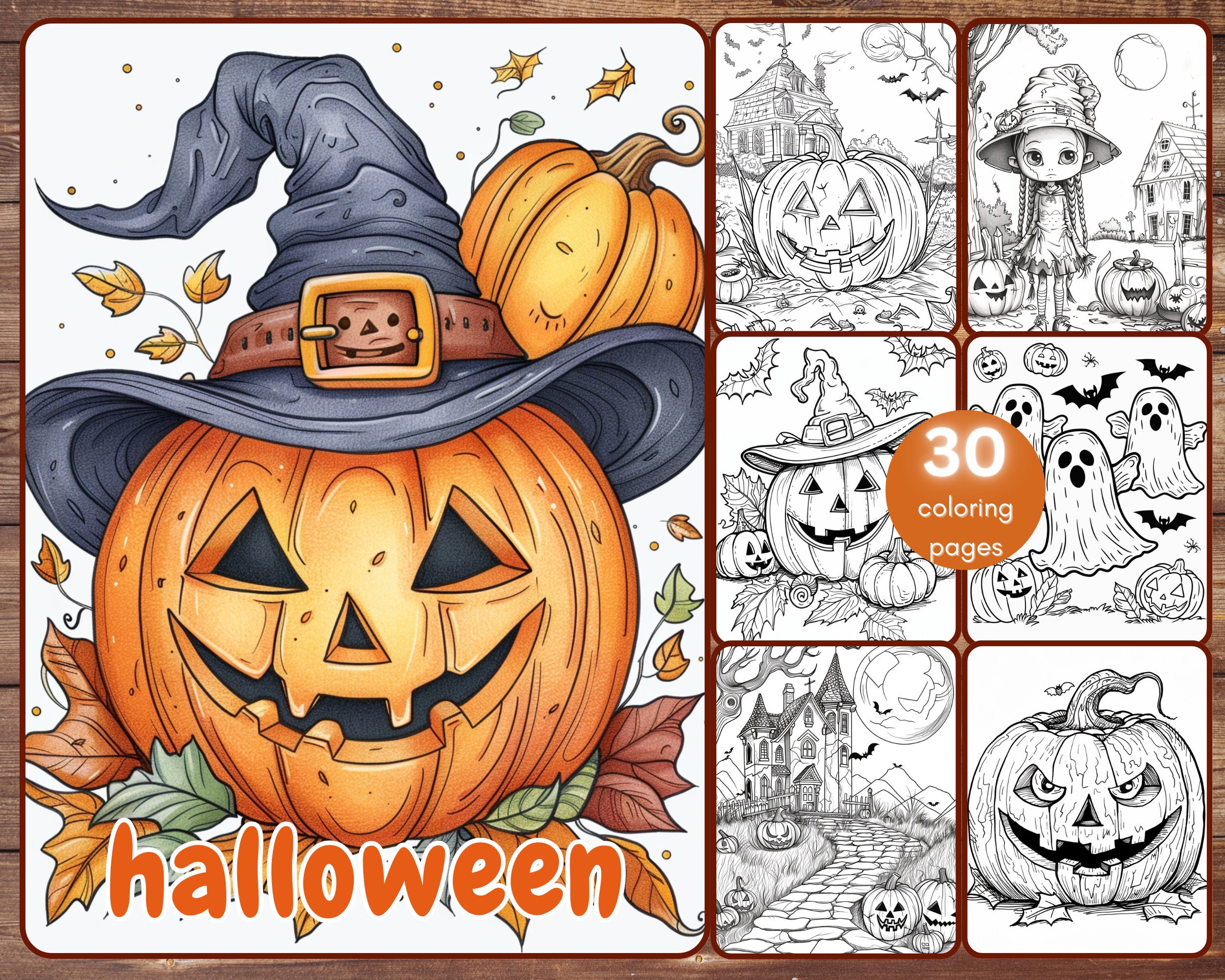 30 Halloween Coloring Book, Grayscale Simple Halloween Coloring Pages ...
