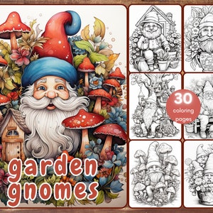 30 Garden Gnomes Coloring Book, Grayscale Christmas Printable PDF Floral Cute Gnome Coloring Pages for Adults and Kids, Mushrooms