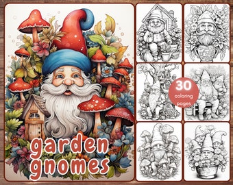 30 Garden Gnomes Coloring Book, Grayscale Christmas Printable PDF Floral Cute Gnome Coloring Pages for Adults and Kids, Mushrooms