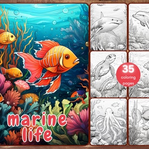 35 Sea Animals Coloring Book, Grayscale Fish Coloring for Adults, Ocean Life, Dolphin Shark, Printable PDF, Instant Download
