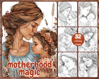 32 Mothers and Babies Coloring Book, Grayscale Motherhood Coloring for Adults, Mother's Day, Child, Printable PDF, Instant Download