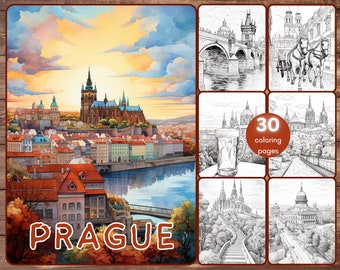 30 Prague Coloring Book, Grayscale Czechia Coloring Pages for Adults, Gothic Mediavel Bohemian, Travel Destinations, Printable PDF
