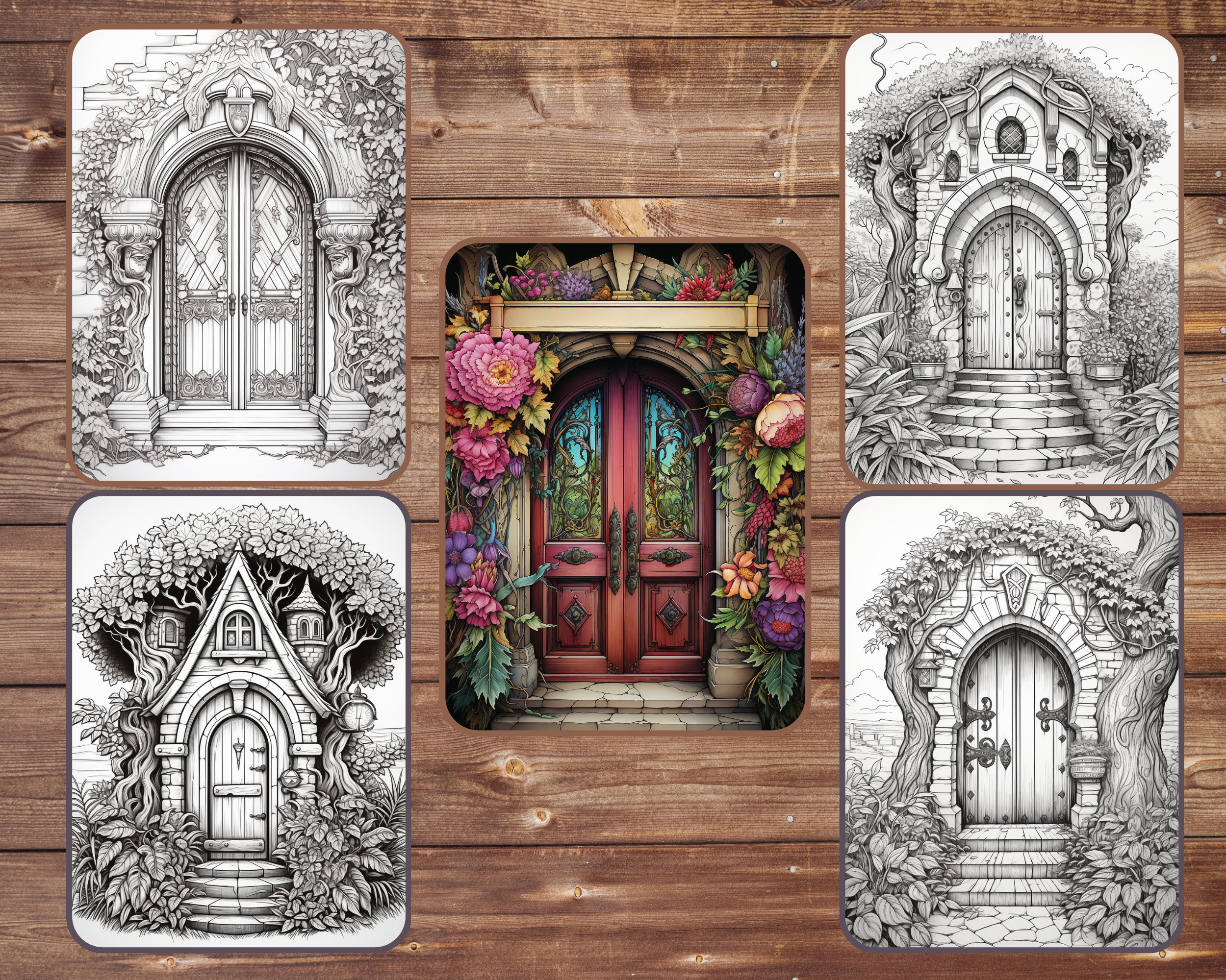 30 Magical Doors Coloring Book, Grayscale Fantasy Secret Doors Coloring ...