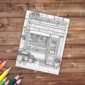 May include: A black and white line drawing of a storefront with a striped awning. The storefront has a window display with shelves of products and a door. There are potted plants outside the store.