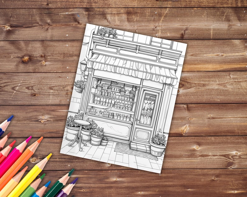 May include: A black and white line drawing of a storefront with a striped awning. The storefront has a window display with shelves of products and a door. There are potted plants outside the store.