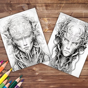 May include: Two black and white line drawings of female faces with intricate details. The faces are surrounded by detailed patterns that resemble vines and circuitry.