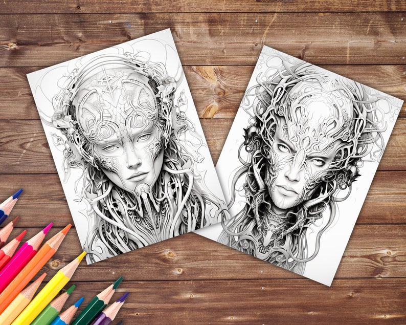 May include: Two black and white line drawings of female faces with intricate details. The faces are surrounded by detailed patterns that resemble vines and circuitry.
