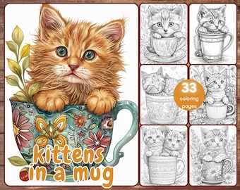 33 Kittens in a Mug Coloring Book, Grayscale Cute Cats Coloring Pages for Adults Kids, Flowers, Printable PDF, Instant Download