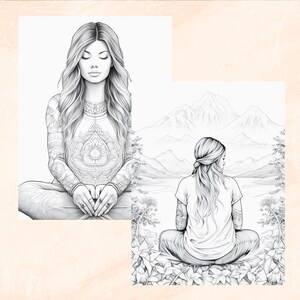 May include: Two black and white line drawings of women meditating. The woman on the left is sitting with her eyes closed and her hands in her lap. The woman on the right is sitting with her back to the viewer, looking out at a mountain range in the background.