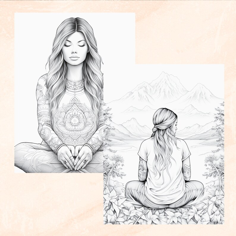 May include: Two black and white line drawings of women meditating. The woman on the left is sitting with her eyes closed and her hands in her lap. The woman on the right is sitting with her back to the viewer, looking out at a mountain range in the background.