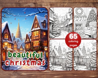 Lot de 60+5 livres de coloriage de Noël, PDF imprimable en niveaux de gris, intérieur et extérieur de maisons de Noël, intérieurs et extérieurs, sapin de Noël, père Noël