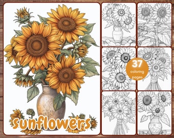 37 Sunflowers Coloring Book, Printable PDF, Botanical Floral Plant Coloring Pages, Fantasy Grayscale Spring Coloring Book for Adults Kids