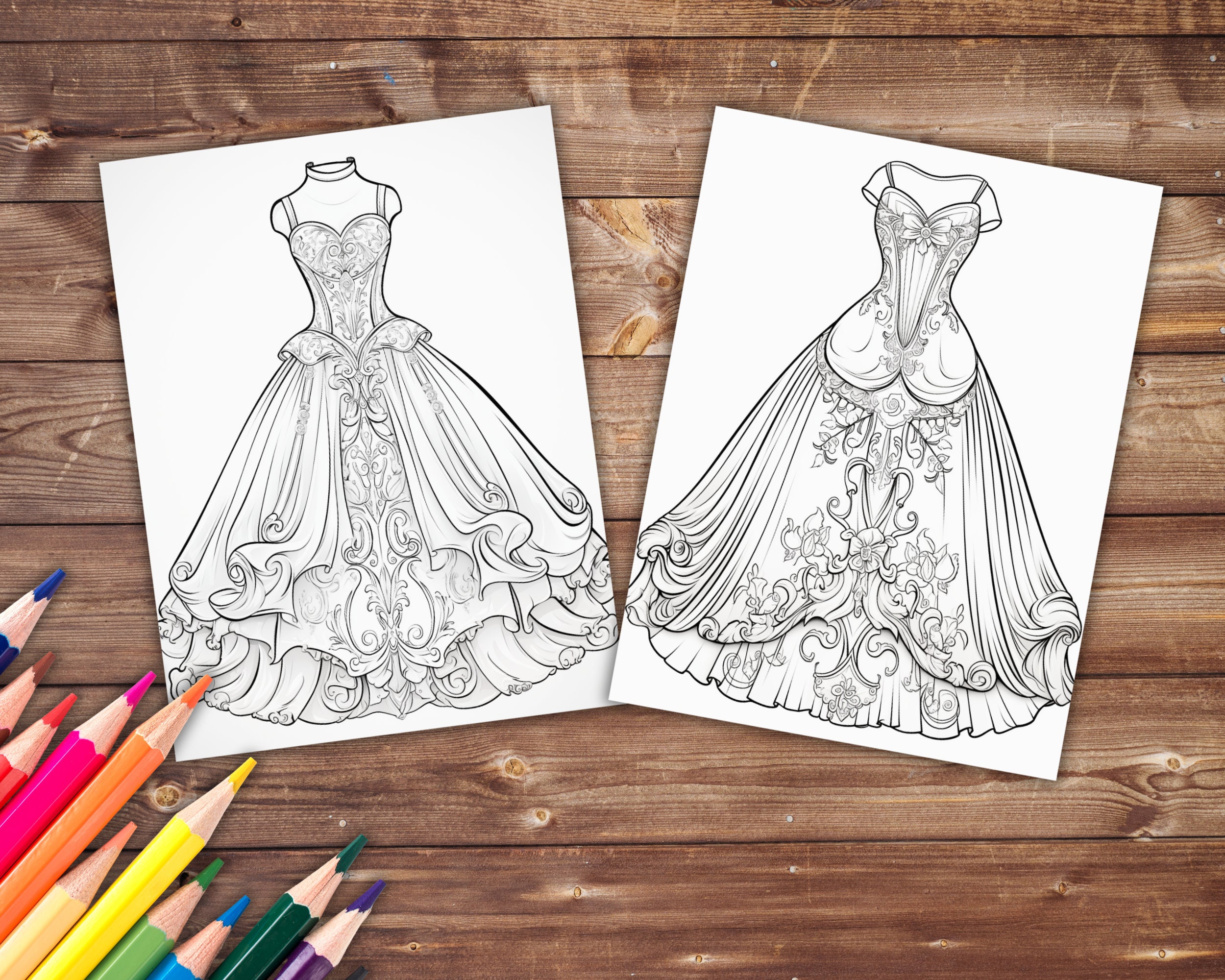 32 Flowing Dresses Coloring Book, Grayscale Victorian Dresses Coloring ...