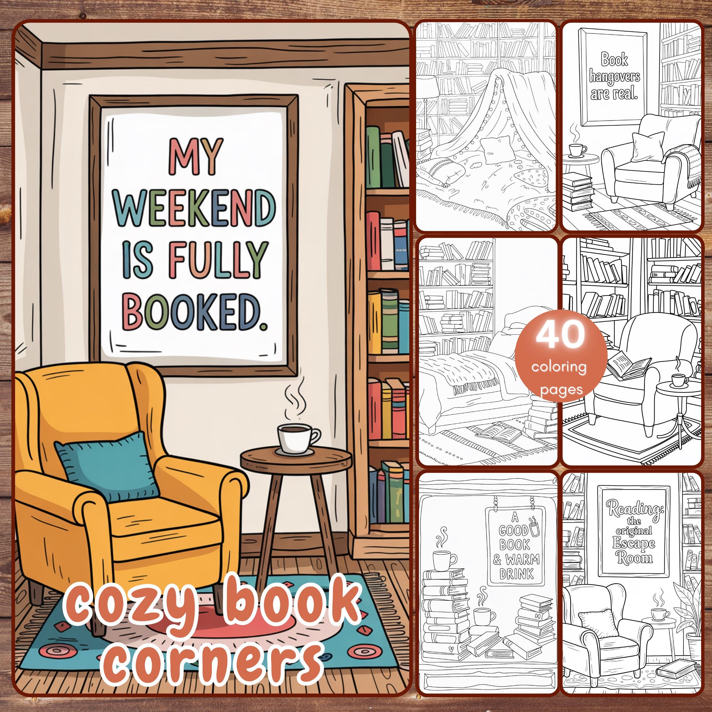 40 rincones acogedores de lectura libro para colorear para adultos | Escenas de librería y biblioteca | PDF y PNG imprimibles, compatible con Procreate