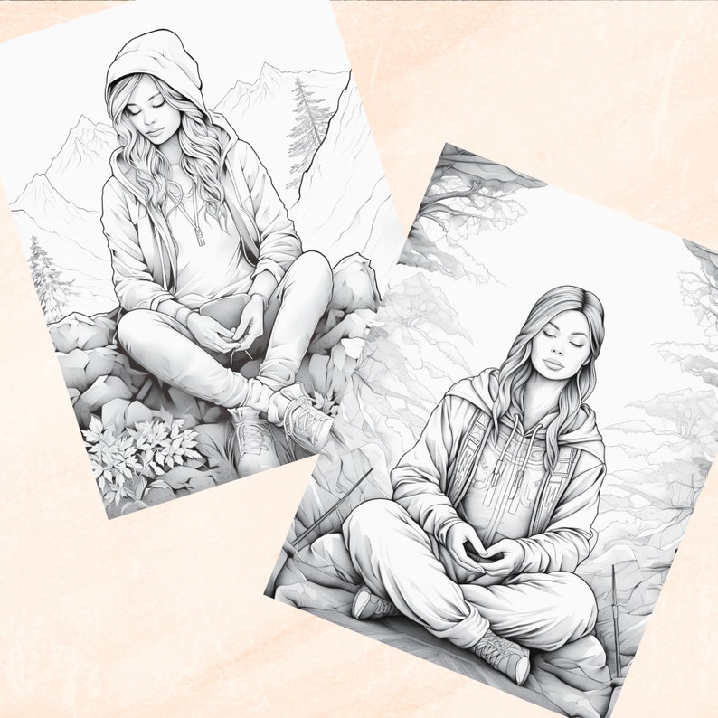 May include: Two black and white line drawings of women. One woman is sitting on a rock with her legs crossed, wearing a hooded jacket. The other woman is sitting with her legs crossed, wearing a hooded sweatshirt.